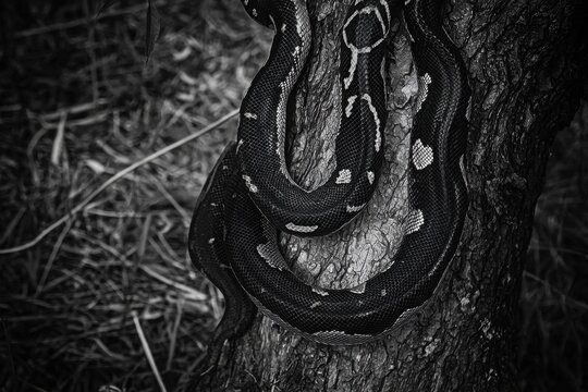 A carpet python coiled around a tree trunk in a suburban backyard, blending with the tree's bark and leaves