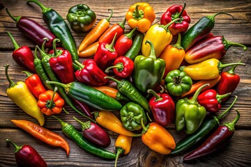 Colorful Mexican Chili Peppers - Poblano, Habanero, Serrano, Jalapeno Mix on Wood