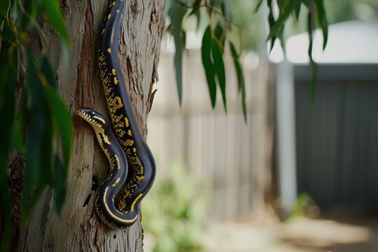 A carpet python coiled around a tree trunk in a suburban backyard, blending with the tree's bark and leaves
