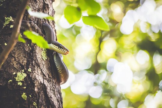 A carpet python coiled around a tree trunk in a suburban backyard, blending with the tree's bark and leaves