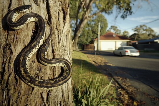A carpet python coiled around a tree trunk in a suburban backyard, blending with the tree's bark and leaves