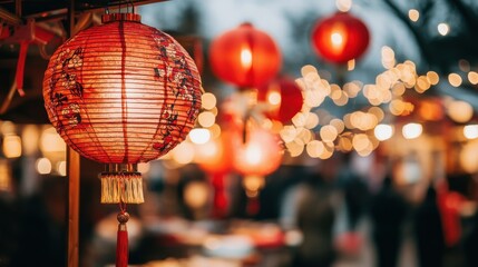 Obraz premium Vibrant Chinese Lanterns Lighting Up a Festive Night Market Scene