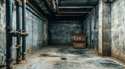 Musty Basement with Exposed Pipes and Signs of Mold Growth on the Walls