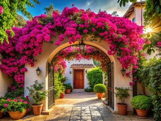 Naklejka premium Cozy Bougainvillea Archway Home - Sunlit Delight