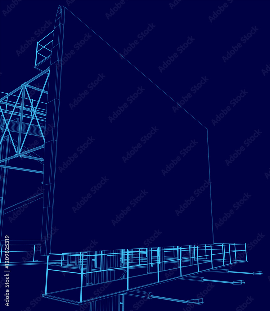 Poster blue drawing of a building with a large screen on the side. the building is tall and has a modern de