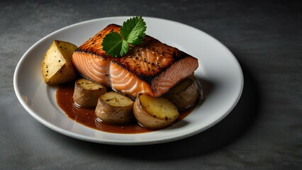 grilled steak with potatoes and vegetables