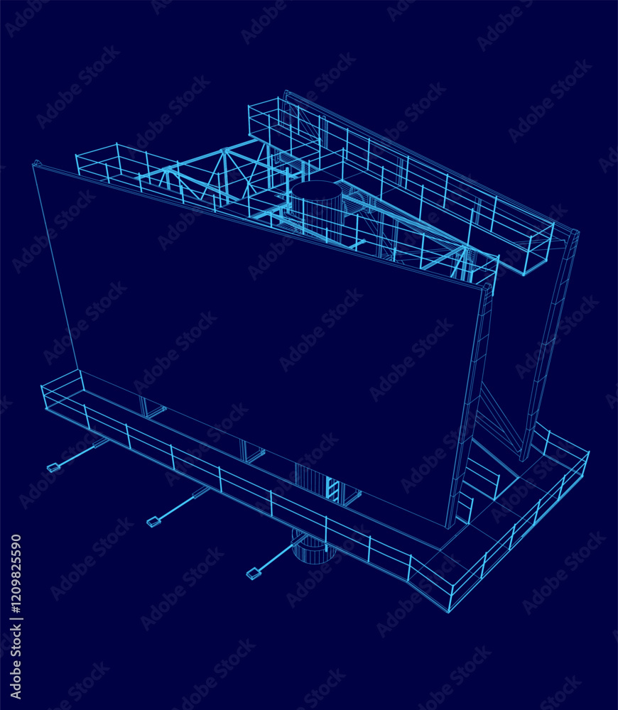 Poster blue image of a building with a large screen on the side. the image is in a blue color scheme