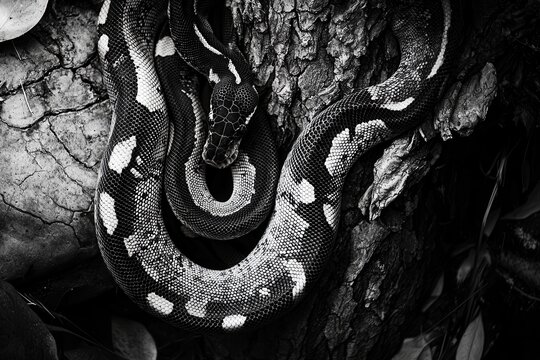 A carpet python coiled around a tree trunk in a suburban backyard, blending with the tree's bark and leaves