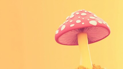 A cartoon mushroom with a pink cap covered in white dots, on a pastel orange background.