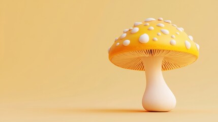A cartoon mushroom with a yellow cap and white dots, on a light orange background.