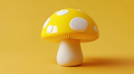 A cartoon mushroom with a yellow cap and white dots, on a light orange background.