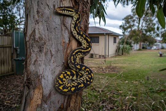 A carpet python coiled around a tree trunk in a suburban backyard, blending with the tree's bark and leaves