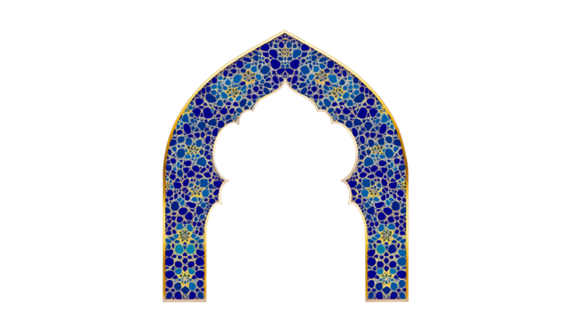 3D render of a blue and gold ornate Islamic arch, mosque window, intricate geometric patterns, arabic architecture on transparent background