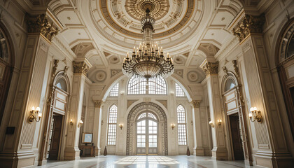 Obraz premium An elaborate entrance with a majestic chandelier hanging from the high ceiling.