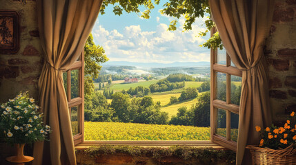 Fototapeta premium Painting drawing Countryside Window views natural nature landscape scene scenery wallpaper backdrop