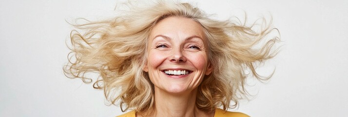 Energetic mature woman with flying blonde hair laughing joyfully against white background, expressing genuine happiness and vitality in yellow top, natural beauty concept.