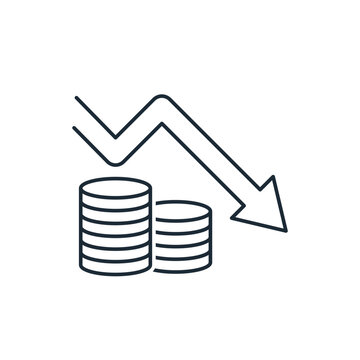 Stacks of coins and arrow down. Financing. Vector linear illustration icon isolated on white background.