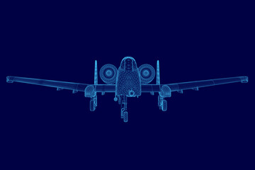 Blue airplane is shown in a stylized way. The image is of a computer-generated airplane, which is a representation of a real airplane. The blue color of the airplane gives a sense of calmness