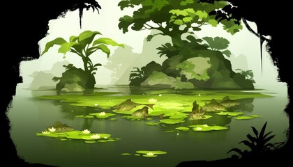 Naklejka premium Serene Pond Scene With Fish And Lily Pads