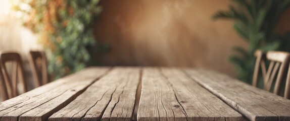 Empty Rustic Wooden Table with Softly Blurred Bistro Scenery in Warm Natural Light