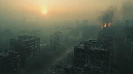 Fototapeta premium Abandoned Urban Landscape at Sunrise in a Post-Apocalyptic World with Smoke and Flames