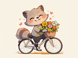 Adorable Raccoon on Bicycle with Flowers