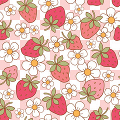 Seamless vector pattern with groovy strawberries and white tiny flowers. Hand drawn vintage spring background. Perfect for textile, wallpaper or nursery print design. EPS10 vector file.