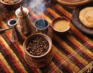 Aromatic ethiopian coffee ceremony with freshly roasted beans and incense