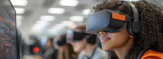 Virtual education ai concept. A young woman experiencing virtual reality in a modern gaming environment.