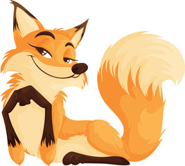 Obraz premium Cute cartoon fox lounging with a confident smile and bushy tail, perfect for playful, whimsical, or animal-themed designs.