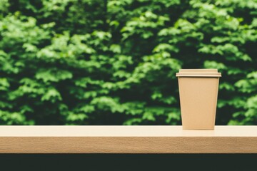 Fototapeta premium A simple brown coffee cup sits on a wooden surface, with a lush green foliage backdrop, evoking a serene outdoor coffee moment.