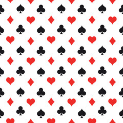 Card suit pattern in royal style. Seamless pattern background of poker suits - arranged in the rows on white background. Casino gambling theme vector illustration.