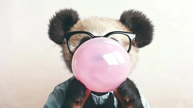 A panda bear with glasses blowing bubble gum	
