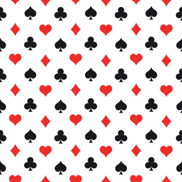 Card suit pattern in royal style. Seamless pattern background of poker suits - arranged in the rows on white background. Casino gambling theme vector illustration.