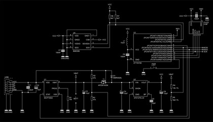 Schematic diagram of digital electronic device 
on paper sheet. Vector drawing electrical circuit with 
integrated circuit, microcontroller,
capacitor, resistor, transistor,
usb connector, inductance 