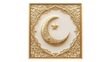 Ramadan greeting card, golden crescent moon and stars, intricate Islamic geometric patterns with transparent background