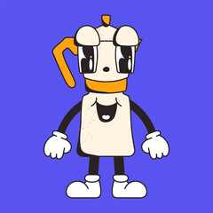 Playful cartoon illustration of a moka pot coffee maker character with arms, legs, and a cheerful expression on a blue background.