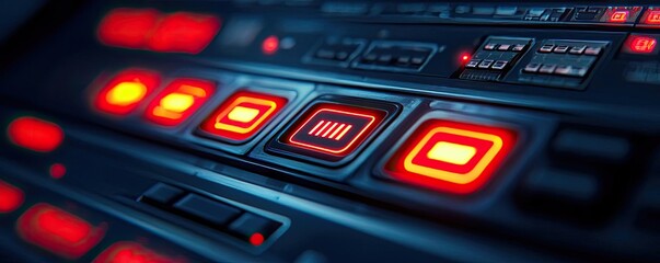 Obraz premium Ai guidance concept. Close-up view of a digital control panel with glowing buttons and intricate design.