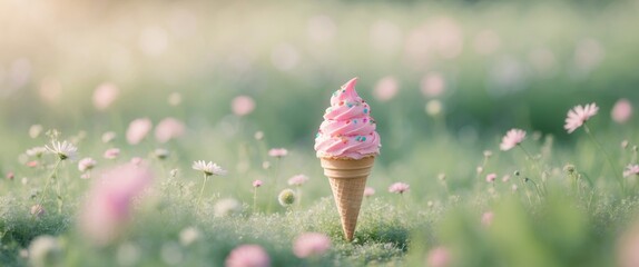 Pink ice cream cone with sprinkles in a wildflower meadow.
