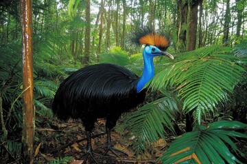 Fototapeta premium A cassowary with its vivid blue and black plumage, striding confidently through dense rainforest foliage