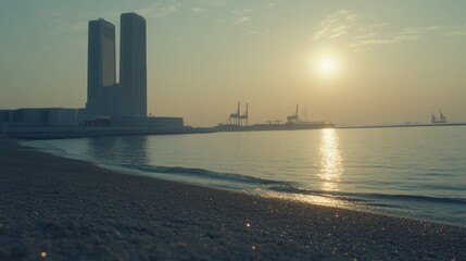Sunrise over calm sea with city skyline and industrial port.