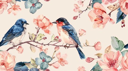 Elegant Seamless Floral Pattern with Watercolor Bird for Design Projects