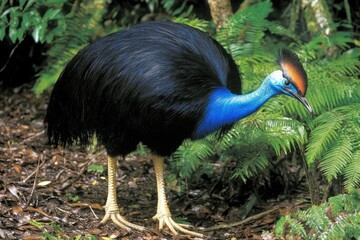 Fototapeta premium A cassowary with its vivid blue and black plumage, striding confidently through dense rainforest foliage