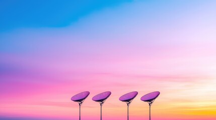 Three satellite dishes at sunset, communication technology, colorful sky, scenic background
