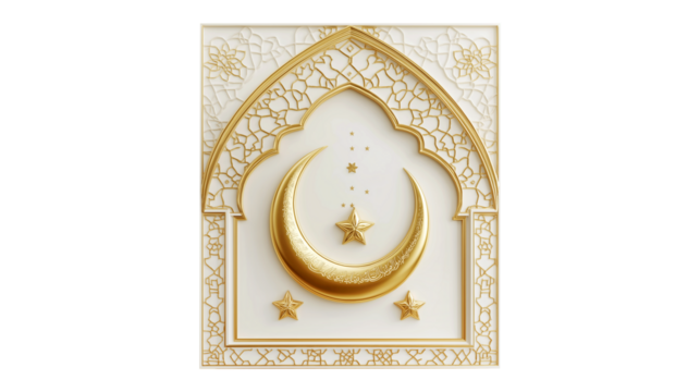 Ramadan greeting card, golden crescent moon and stars, intricate Islamic geometric patterns with transparent background