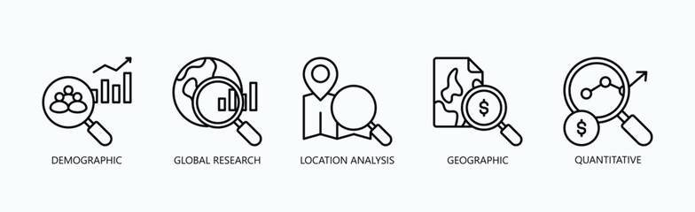 Global Insights Suite Icon Set Isolated Vector With Icon Of Demographic, Global Research, Location Analysis, Geographic, Quantitative In Outline Style