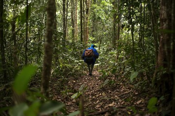 Fototapeta premium A cassowary with its vivid blue and black plumage, striding confidently through dense rainforest foliage