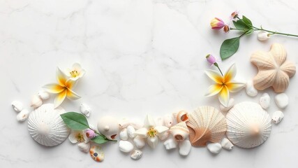 Fototapeta premium White marble background with delicate flowers, colorful pebbles, and shiny seashells scattered throughout, decorative, nature