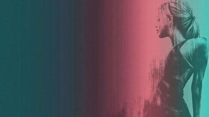 stylized abstract female profile portrait with teal and pink gradient background and textured artistic elements in digital painting of woman's side silhouette in modern duotone