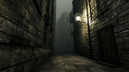 Shadowy Alleyway in a Quiet City Covered by Mist at Night